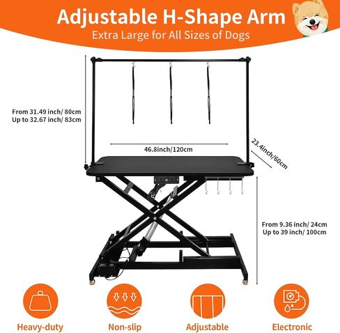 47" Electric Hydraulic Dog Grooming Table with Adjustable Height, Black Heavy Duty Pet Grooming Table for Large Dogs with Aluminium Overhead Arm, Anti-Skid Rubber Desktop Powerful Motor in Saudi Arabia