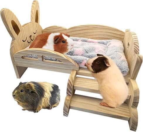 Wooden Guinea Pig Bed with Stairs and Mat, Washable Soft Small Animal Bed,Guinea Pig Hideout, Detachable Small Pet Hideout for Guinea Pig Hamsters Dwarf Rabbits Chinchilla Squirrel in Saudi Arabia
