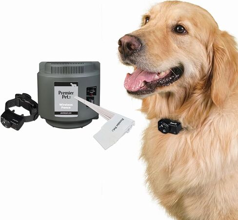 Premier Pet Wireless Dog Fence System - Circular Boundary, Adjustable Up to ½ Acre, Waterproof Collar with Tone and 5 Static Correction Levels, Expandable for Multiple Dogs, No Digging Required in Saudi Arabia