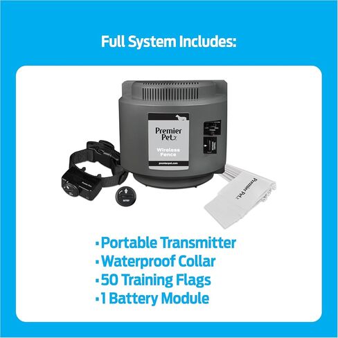 Premier Pet Wireless Dog Fence System - Circular Boundary, Adjustable Up to ½ Acre, Waterproof Collar with Tone and 5 Static Correction Levels, Expandable for Multiple Dogs, No Digging Required in Saudi Arabia