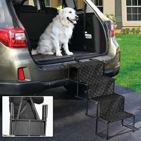 منحدر للكلاب للسيارة، سلالم قابلة للطي للكلاب الكبيرة، سلالم محمولة للحيوانات الأليفة خفيفة الوزن من الألومنيوم، منحدر سيارة للكلاب مع سطح غير قابل للانزلاق للأسرة العالية والشاحنات وسيارات الدفع الرباعي، يدعم ما يصل إلى 150 رطلاً، 4 خطوات in Kuwait