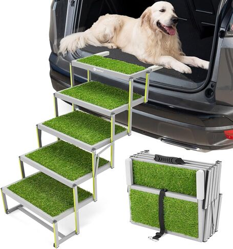 Veehoo Dog Ramp للسيارة، سلالم قابلة للطي للكلاب الكبيرة مع سطح عشب صناعي غير قابل للانزلاق، خطوات كلب محمولة من الألومنيوم لسيارات الدفع الرباعي والشاحنات والأسرة العالية، تدعم ما يصل إلى 170 رطل، 5 خطوات in Kuwait