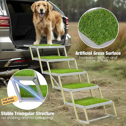 Veehoo Dog Ramp للسيارة، سلالم قابلة للطي للكلاب الكبيرة مع سطح عشب صناعي غير قابل للانزلاق، خطوات كلب محمولة من الألومنيوم لسيارات الدفع الرباعي والشاحنات والأسرة العالية، تدعم ما يصل إلى 170 رطل، 5 خطوات in Kuwait