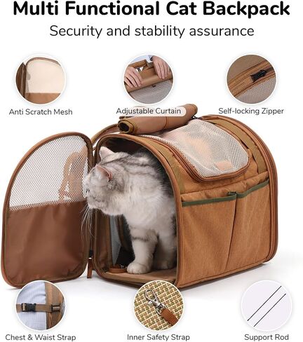 FUKUMARU Cat Backpack, Adjustable Dog Backpack carrier with 4 Storage Pockets, Under 20 Lbs Soft Sided Small Dog Backpack Carrier for Travel Hiking Camping Outdoor, Brown in Saudi Arabia