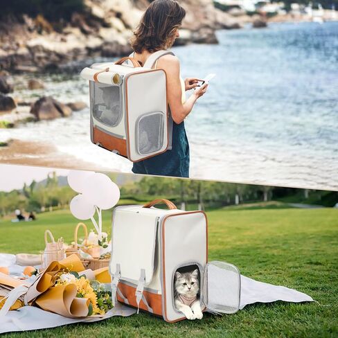 حقيبة ظهر لحمل الحيوانات الأليفة، حقيبة ظهر فقاعية للجراء القطط الصغيرة والمتوسطة، حاملة جرو قابلة للطي للسفر مصممة للسفر والمشي لمسافات طويلة والمشي في الهواء الطلق (بيج) in Kuwait