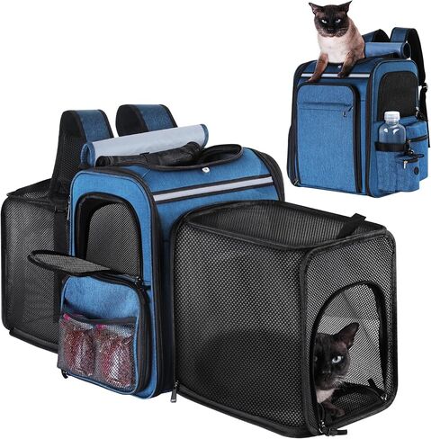 Pet Travel Carrier Backpack, Soft-Sided Breathable Mesh Cat Carrier Backpack for cat,Dogs,Puppies Up to 20 Lbs,Dual Side Expandable to 17 x 13.5 x 36 inches… (Blue) in Kuwait