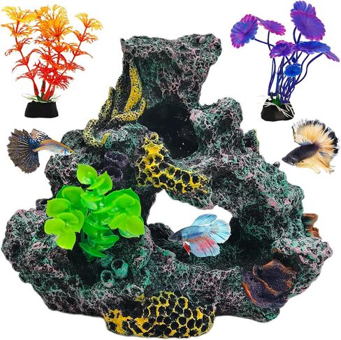Hamiledyi Aquarium Coral Reef Decor Resin Betta Fish Tank Decorations for Aquarium Artificial Betta Fish Hideout House Small Goldfish Betta Fish Tank Ornament Accessories with 2Pcs Aquatic Plants in Saudi Arabia