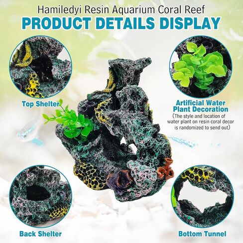 Hamiledyi Aquarium Coral Reef Decor Resin Betta Fish Tank Decorations for Aquarium Artificial Betta Fish Hideout House Small Goldfish Betta Fish Tank Ornament Accessories with 2Pcs Aquatic Plants in Saudi Arabia