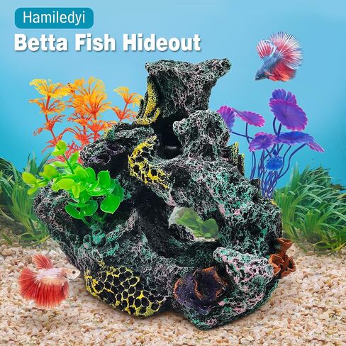 Hamiledyi Aquarium Coral Reef Decor Resin Betta Fish Tank Decorations for Aquarium Artificial Betta Fish Hideout House Small Goldfish Betta Fish Tank Ornament Accessories with 2Pcs Aquatic Plants in Saudi Arabia