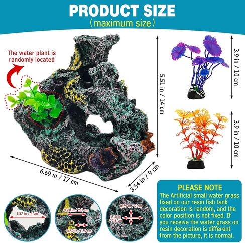 Hamiledyi Aquarium Coral Reef Decor Resin Betta Fish Tank Decorations for Aquarium Artificial Betta Fish Hideout House Small Goldfish Betta Fish Tank Ornament Accessories with 2Pcs Aquatic Plants in Saudi Arabia
