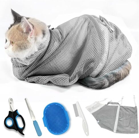 Adjustable Multifunctional Anti-Bite Shower net Bag，Cat Grooming Mesh Bag, Cat Bathing Bag，Cat Bath Brush and Cat Nail Clipper in Saudi Arabia