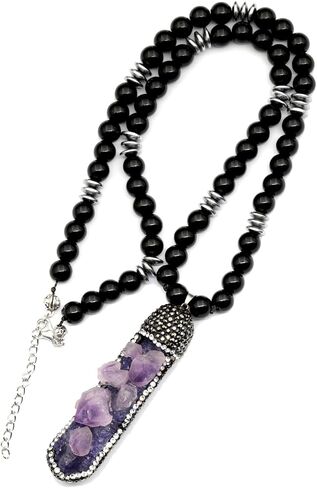ElisaJewelryArt - Natural Big Raw Zirconia Druzy Agate Crystal Pendant Black Onyx Stone Beaded Necklace Genuine Gemstone Peace Stone Clasp Closure Necklace Unisex Necklace (22, Druzy Agate) in Saudi Arabia