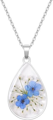 Jayden Necklace Silver for Women - Forget-Me-Not and Queen Anne's Lace Pressed Flower Necklace,Alaska State Flower,Handmade Personalized Necklaces | 18" in Saudi Arabia