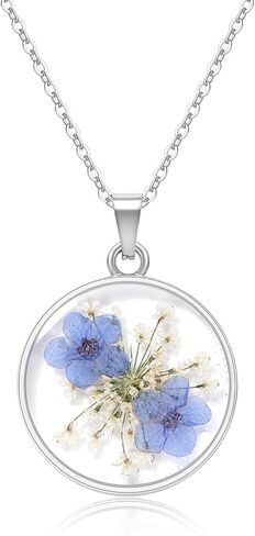 Jayden Necklace Silver for Women - Forget-Me-Not and Queen Anne's Lace Pressed Flower Necklace,Alaska State Flower,Handmade Personalized Necklaces | 18" in Saudi Arabia