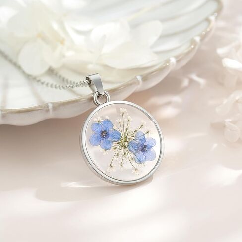 Jayden Necklace Silver for Women - Forget-Me-Not and Queen Anne's Lace Pressed Flower Necklace,Alaska State Flower,Handmade Personalized Necklaces | 18" in Saudi Arabia