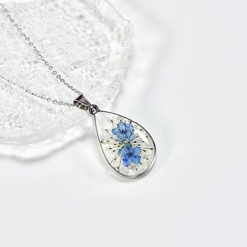 Jayden Necklace Silver for Women - Forget-Me-Not and Queen Anne's Lace Pressed Flower Necklace,Alaska State Flower,Handmade Personalized Necklaces | 18" in Saudi Arabia