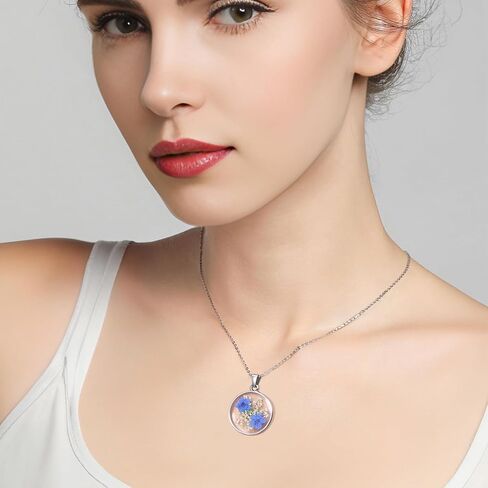 Jayden Necklace Silver for Women - Forget-Me-Not and Queen Anne's Lace Pressed Flower Necklace,Alaska State Flower,Handmade Personalized Necklaces | 18" in Saudi Arabia