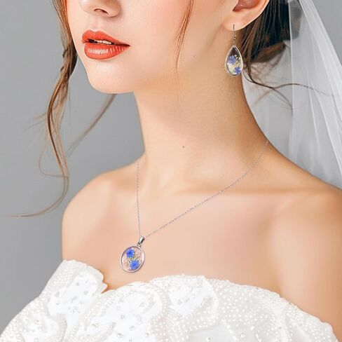 Jayden Necklace Silver for Women - Forget-Me-Not and Queen Anne's Lace Pressed Flower Necklace,Alaska State Flower,Handmade Personalized Necklaces | 18" in Saudi Arabia