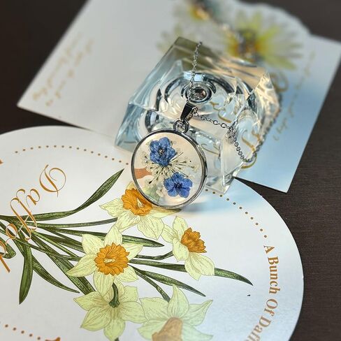 Jayden Necklace Silver for Women - Forget-Me-Not and Queen Anne's Lace Pressed Flower Necklace,Alaska State Flower,Handmade Personalized Necklaces | 18" in Saudi Arabia