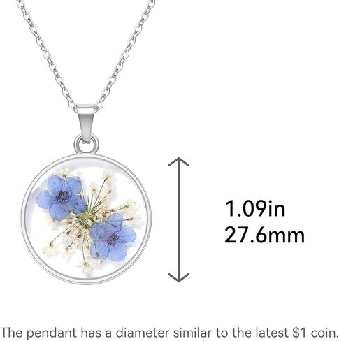 Jayden Necklace Silver for Women - Forget-Me-Not and Queen Anne's Lace Pressed Flower Necklace,Alaska State Flower,Handmade Personalized Necklaces | 18" in Saudi Arabia