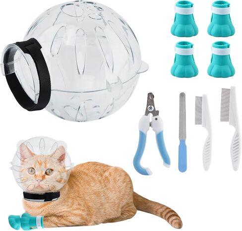 SYCOOVEN Cat Muzzle and Boots Cat Muzzle with Nail Clippers Trimmer Set, Cat Breathable Bubble Helmet Hood and 4 Pcs Silicone Cat Claw Covers(Clear) in Saudi Arabia