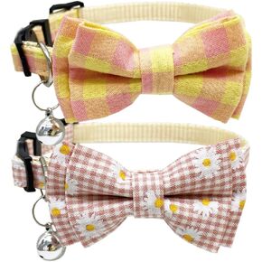Plaid Cat Collar with Bow Tie Bell Breakaway Daisy Kitten Collars Adjustable with Removable Bowtie 2 Pack Flower Safety Collar for Spring Summer Autumn Pink & Blue