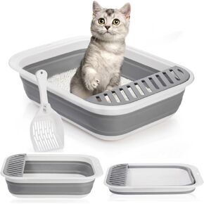 Collapsible Cat Litter Box, Open Top Foldable Kittens Potty with Scoop, Large Shallow Anti Splash Travel Cat Toilet, Semi Enclosed Height Adjustable Sides Small Kitty Litter Pan Grey