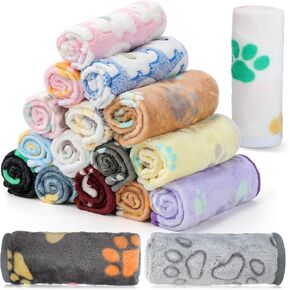 Chumia 18 Pcs Fleece Blanket for Puppy Dog Kitten Cat Pets Fluffy Cute Soft Warm Paw Bone Star Dot Heart Print Sleep Mat Cover for Small Animals(30 x 20 inch)