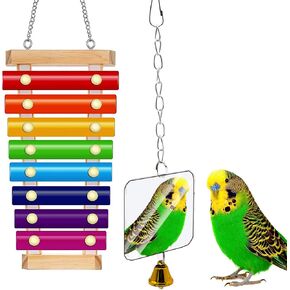 Bird Xylophone Toy with Mirror Large Parrot Bird Cage Bell Accessories Bird Music Toy Musical Training Toy for Conure Budgie Cockatiel Cockatoo Parakeet Finch Love Bird Canary Macaws Medium Outdoor