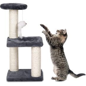 Cat Scratching Posts with Self Groomer Cat Brush, Cat Scratcher Post with Cat Interactive Toy, Cat Scratching Post for Indoor Cats (Dark Gray)