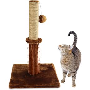 Cat Scratching Posts with Self Groomer Cat Brush, Cat Scratcher Post with Cat Interactive Toy, Cat Scratching Post for Indoor Cats (Dark Gray)