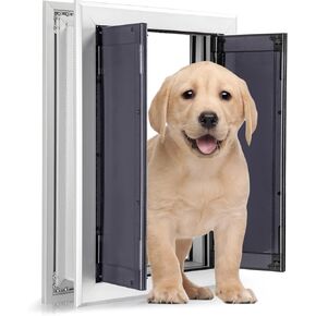 Sliver Pet Door with Panels, Aluminum Dog Door with Automatic Closing Magnetic Flaps, Medium Doggie Door, Slide-in Panel & 4 Security Locks, Suitable for Doors, Screen and Wall