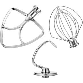 Stainless Steel Stand Mixer Attachments 3-Piece (4.5-5QT Flat Beater, 4.5-5QT Dough Hook, K45WW 6-Wire Whip Attachment) for KitchenAid Tilt-Head Stand Mixer and 4.5-5 Quart Bowl, Dishwasher Safe