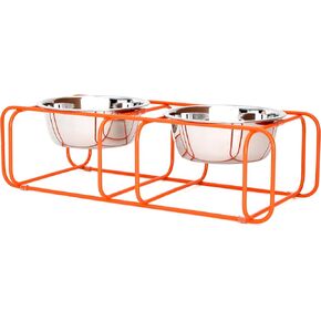 Wire & Dine Elevated Dog Bowls Stand for Medium & Large Sized Dogs - 2 Stainless Steel 8 Cup Dishes - Non-Skid, Modern Minimalist Design, Dishwasher Safe, Orange Frame Holder - Made in USA