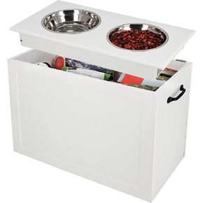 MiMu Elevated Dog Bowl with Storage, White Tall Feeder - Raised Dog Bowl Stand Large Feeding Station with 2 Pet Bowls