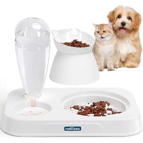 Nobleza 3-in-1 Slow Pet Feeder Bowl Bottle Set, Automatic Pet Dispenser Treat Food & Water Bowl with 15° No Spill Tilted Raised Bowl for Cat Dog Small Medium Pet Kitten Puppy Bunny Healthy Food Water