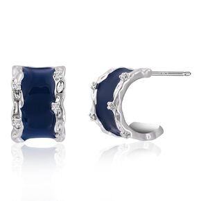 Blue C Shape Hoop Earrings for Women Colorful Sterling Silver Hoop Earrings Dark Blue Enamel Earrings Silver and Blue Wide Hoop Earrings for Gift