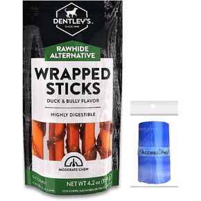 Dog Chews Dentley's Rawhide Free Alternative 6 inch Duck Wrapped Bully Sticks for All Sized Dogs Bundle with 1 Dog Waste Bag (Duck, 5 Count)