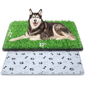 Dog Grass Mat with Pee Pad 32×23", Medium Dog Litter Box Indoor Artificial Turf Grass Porch Waterproof Patio Potty Tray for Doggie Reusable Washable Pads and Lawn for Replacement for Puppy Training