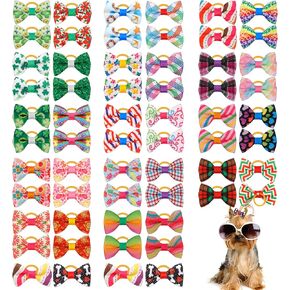 YAKA 60PCS (30 Paris) Cute Puppy Dog Small Bowknot Hair Bows with Rubber Bands Handmade Hair Accessories Bow Pet Grooming Products (60 Pcs,Cute Patterns) (Rubber Bands Style3)
