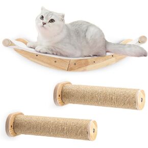 Cat Wall Furniture, 3 Pack Cat Wall Shelves Set, Solid Rubber Wood Cat Wall Steps and Hammock for Sleeping, Playing, Scratching, Climbing