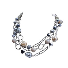 Multi Strand layered Frosted Multi Layer Mother of Pearl Statement Chunky Pastel Pearl Necklace June Birthday Gift (silver-and-stainless-steel)