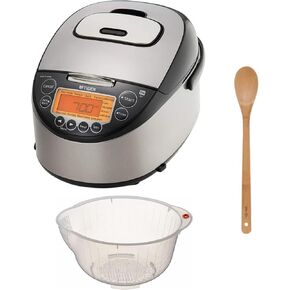 جهاز طبخ الأرز تايجر JKT-D18U سعة 10 أكواب (أسود وفولاذ مقاوم للصدأ) مع وعاء غسيل الأرز وملعقة من الخيزران (3 قطع) in Kuwait