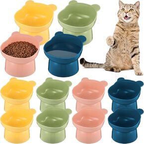 Suclain 12 Pcs Plastic Tilted Raised Cat Bowls Elevated Cat Bowls Bulk Anti Vomiting Whisker Friendly Raised Cat Dish Cartoon Slanted Stand Bowls for Cats and Small Dogs, 4 Colors
