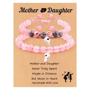 2 Pcs Mother Daughter Bracelets, Mommy and Me Heart Matching Bracelets Set, Natural Stone Bracelets with Quote Card Mother's Day Gifts for Women Girls Birthday Christmas Presents