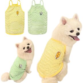 Yanmucy 2 Pieces Dog Summer Clothes Cute Embroidery Dog Striped Tank Top Vest Breathable Puppy Sleeveless Shirt for Small Dogs Cats (Pink+Blue, Medium)