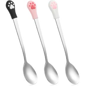 Dog Cat Spoon 3 PCS Pet Can Spoon Cute Pet Spoon Stainless Steel Pet Food Spoon Long Handle Cat Canned Food Scoop Cat Spoons for Wet Food Cat Claw Spoon for Dog and Cat Food Can (White Pink Black)