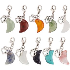 12pcs Natural Gemstone Pet Collar Charms, Moon Shaped Jewelry Charms Colorful Dog Paw Pet Puppy Collar Pendants Clip-on Charms for Dog Cat Bag Keychain Pet Necklace Home Decor