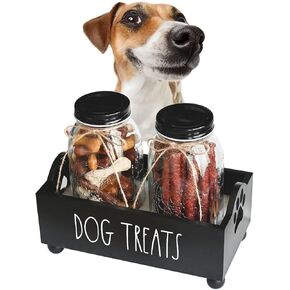 Dog Treat Container, Pet Treat Holder with Glass Jars, Farmhouse Dog Food Storage Organizer, Airtight Dog Treat Bin, Cat Dog Biscuit Dispenser, Pet Accessories (White - 3 Glass Jars)