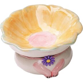 Cat Bowls Elevated Cute Flower Shape Cat Food and Water Bowl Cat Feeding Bowls Raised Cat Bowls for Indoor Cats Ceramics Cat Food Bowl Pet Feeder Bowl for Cats Dogs Pets(Yellow)